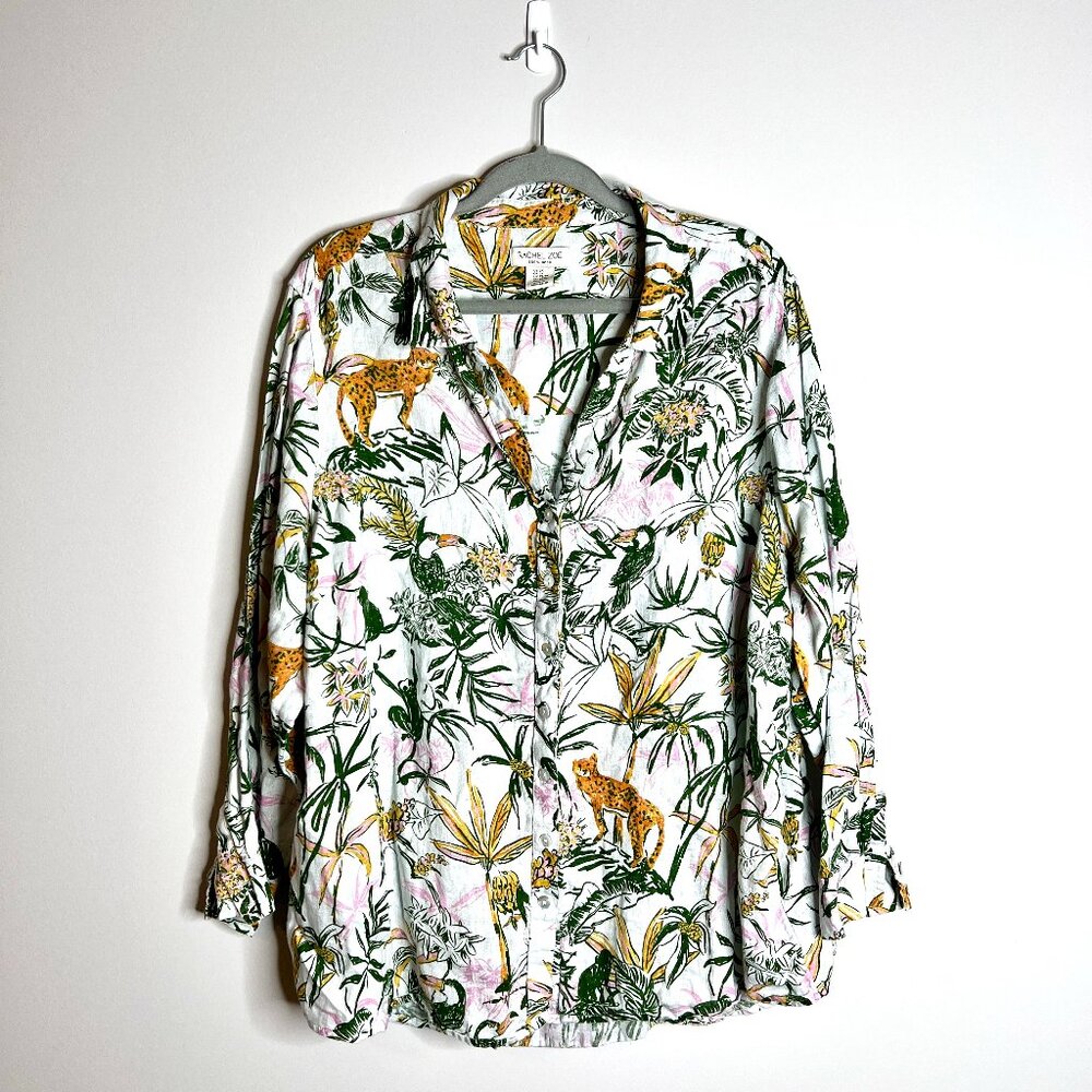 Rachel Zoe 100% Linen Tropical Botanical Jungle Print Button Up Long Sleeve Top